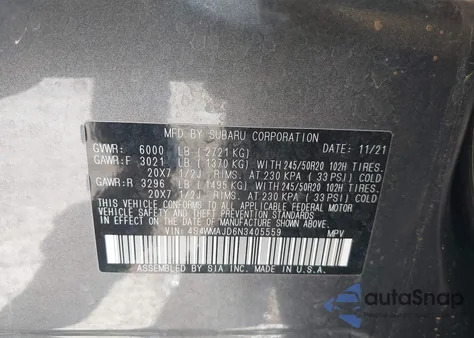 2022 Subaru Ascent Onyx Edition from USA, damaged, VIN 4S4WMAJD6N3405559